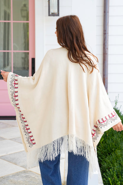POL Embroidered Poncho Sweater with Fringe