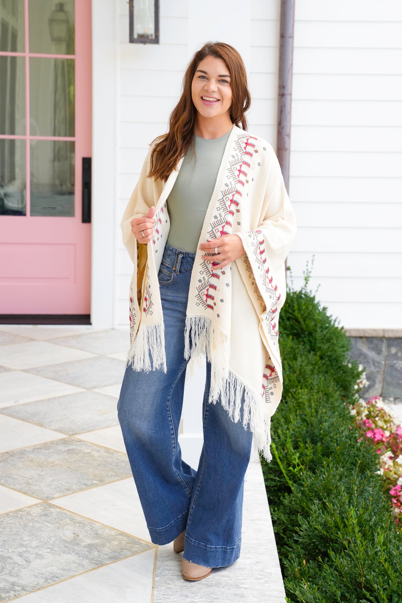 POL Embroidered Poncho Sweater with Fringe