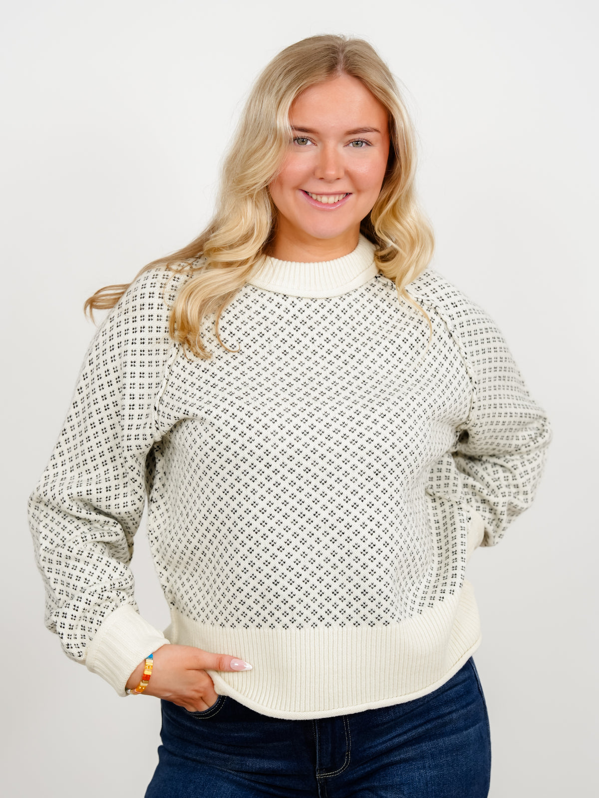 Patterned Mock Neck Ribbed Contrast Sweater - Freckled Poppy