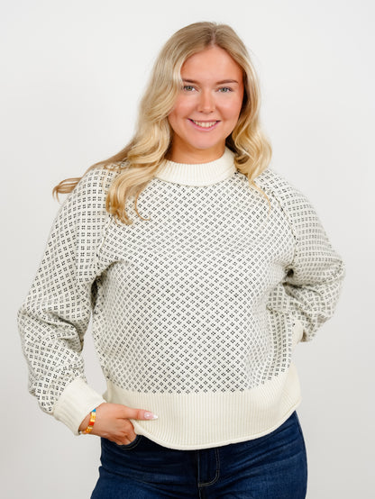 Patterned Mock Neck Ribbed Contrast Sweater - Freckled Poppy