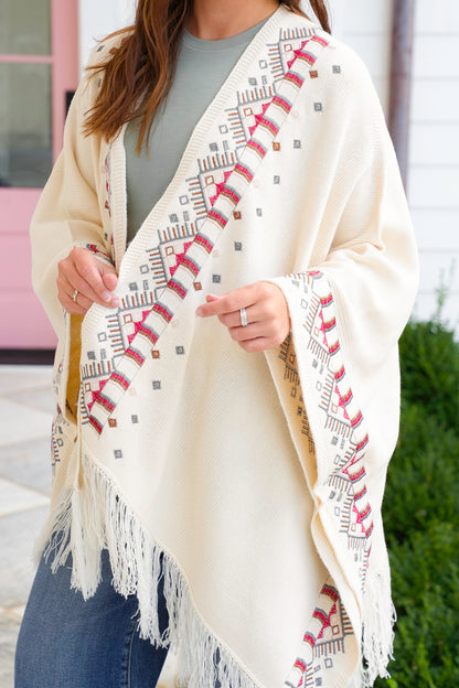 POL Embroidered Poncho Sweater with Fringe