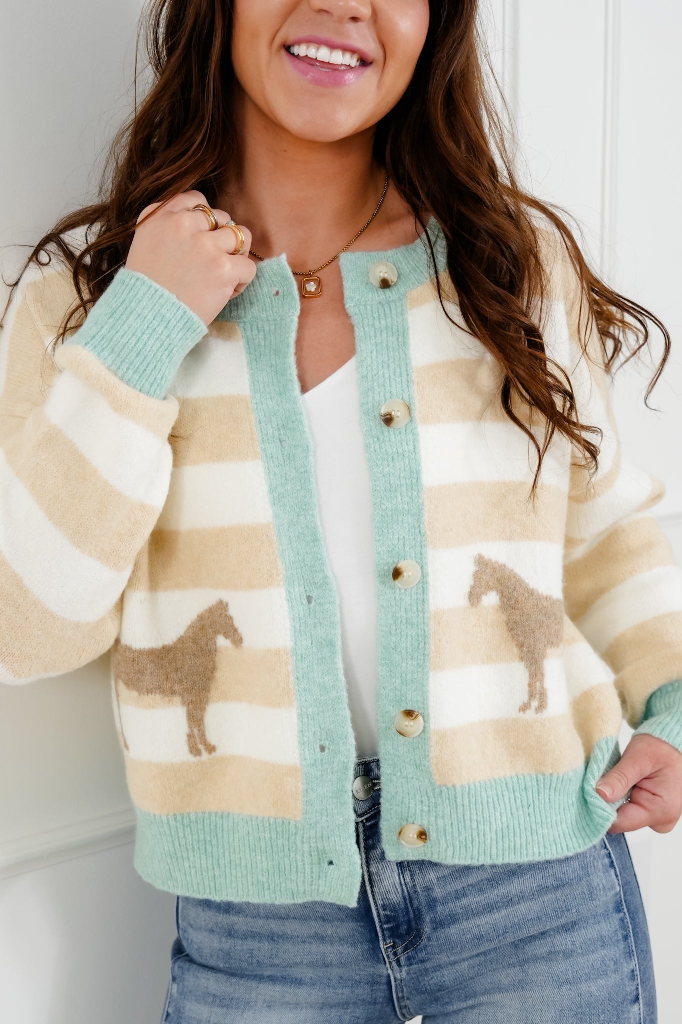 Restock! Stripe Long Sleeve Button Down Cardigan with Horses