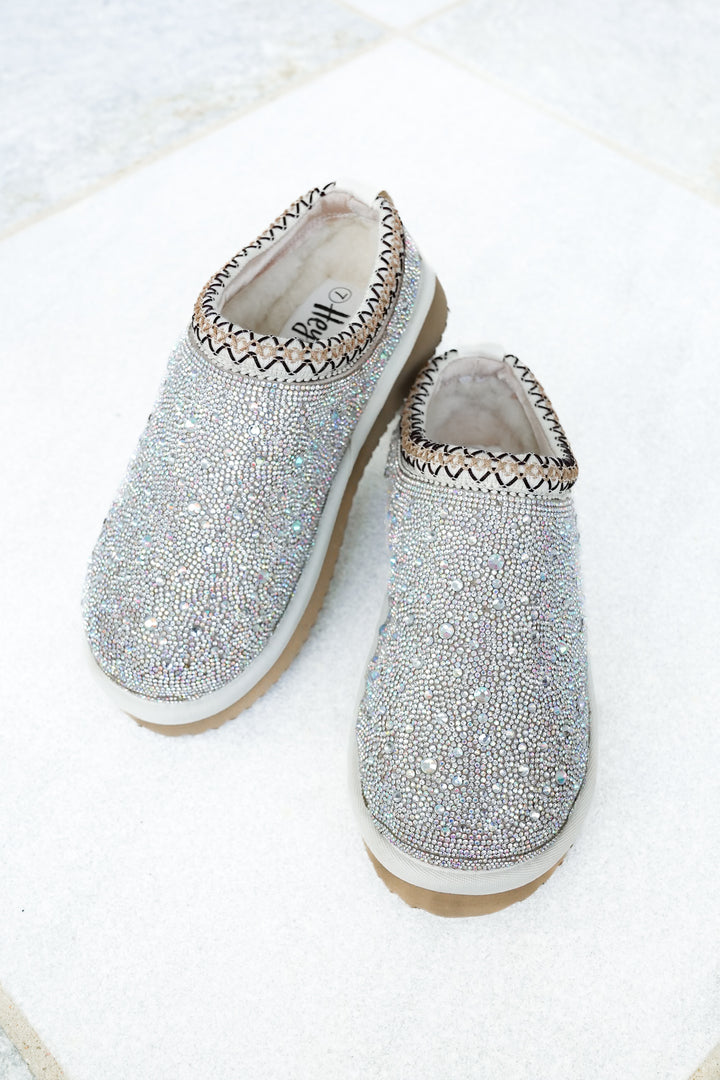 Corky's "Sleepy Head" Sparkly Rhinestone Slip On Slippers with Embroidered Trim