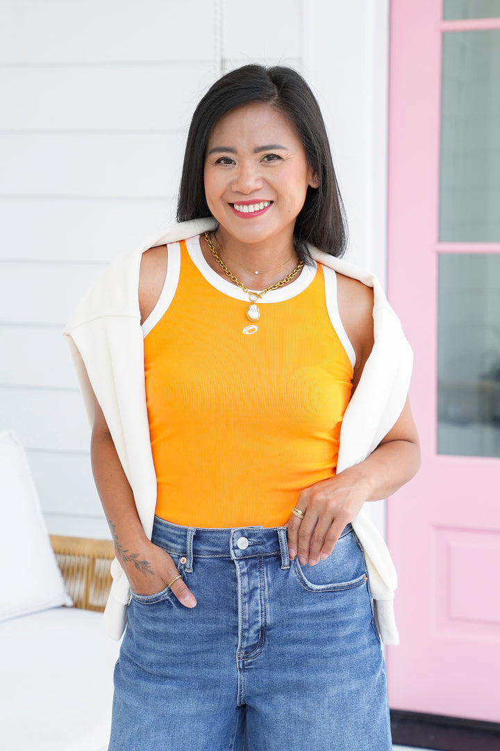 Football Embroidery Tank Top with Trim Detail