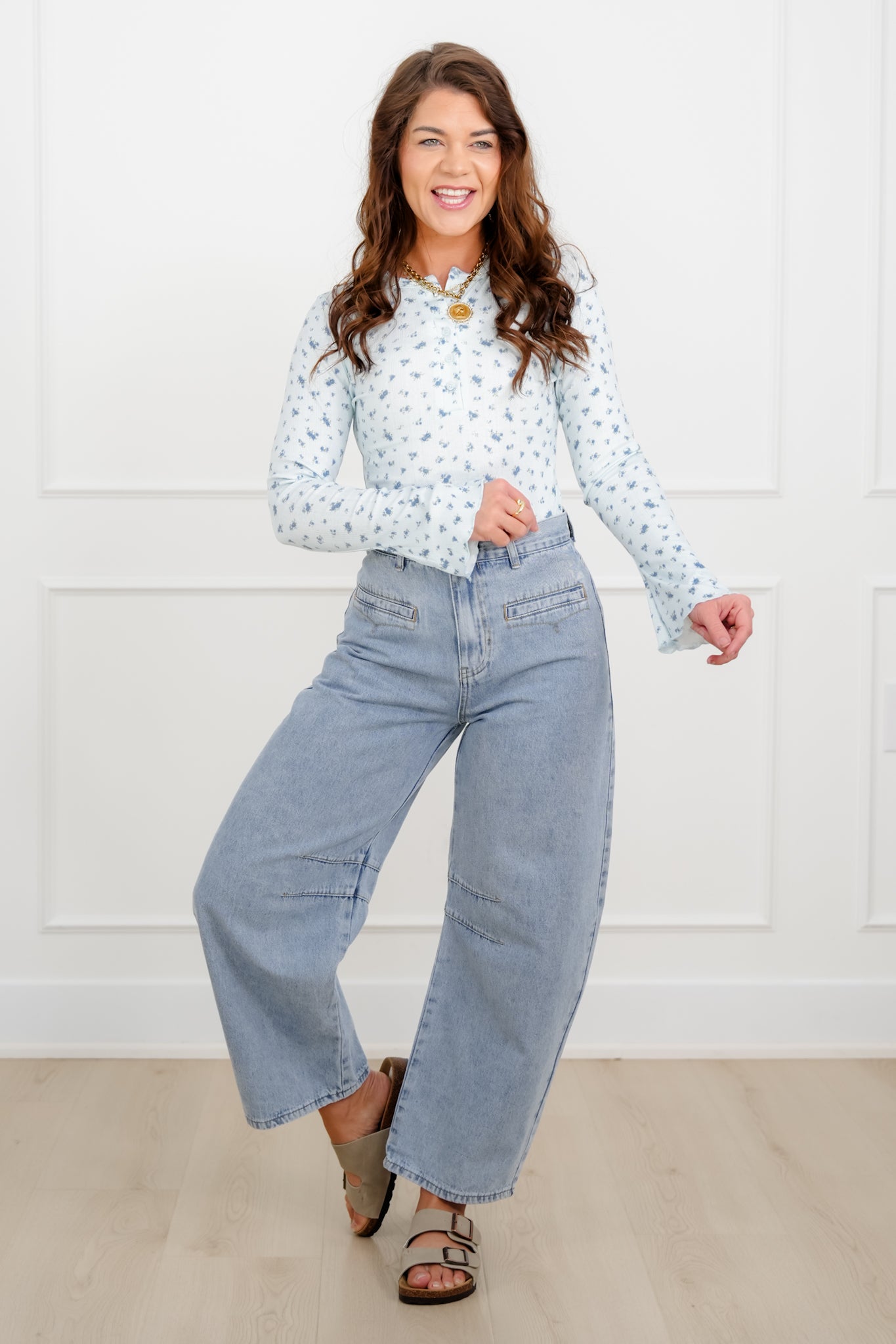 Blue Floral Print Long Bell Sleeve Bodysuit