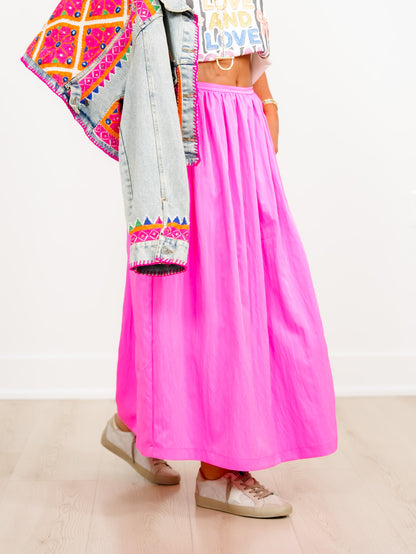 Pink Elastic Waist Midi Skirt with Side Pockets