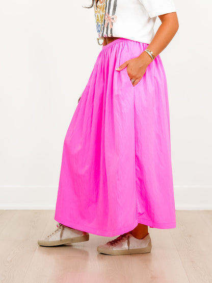 Pink Elastic Waist Midi Skirt with Side Pockets