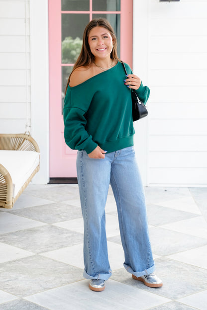 Plus/Reg French Terry Long Sleeve Off Shoulder Top