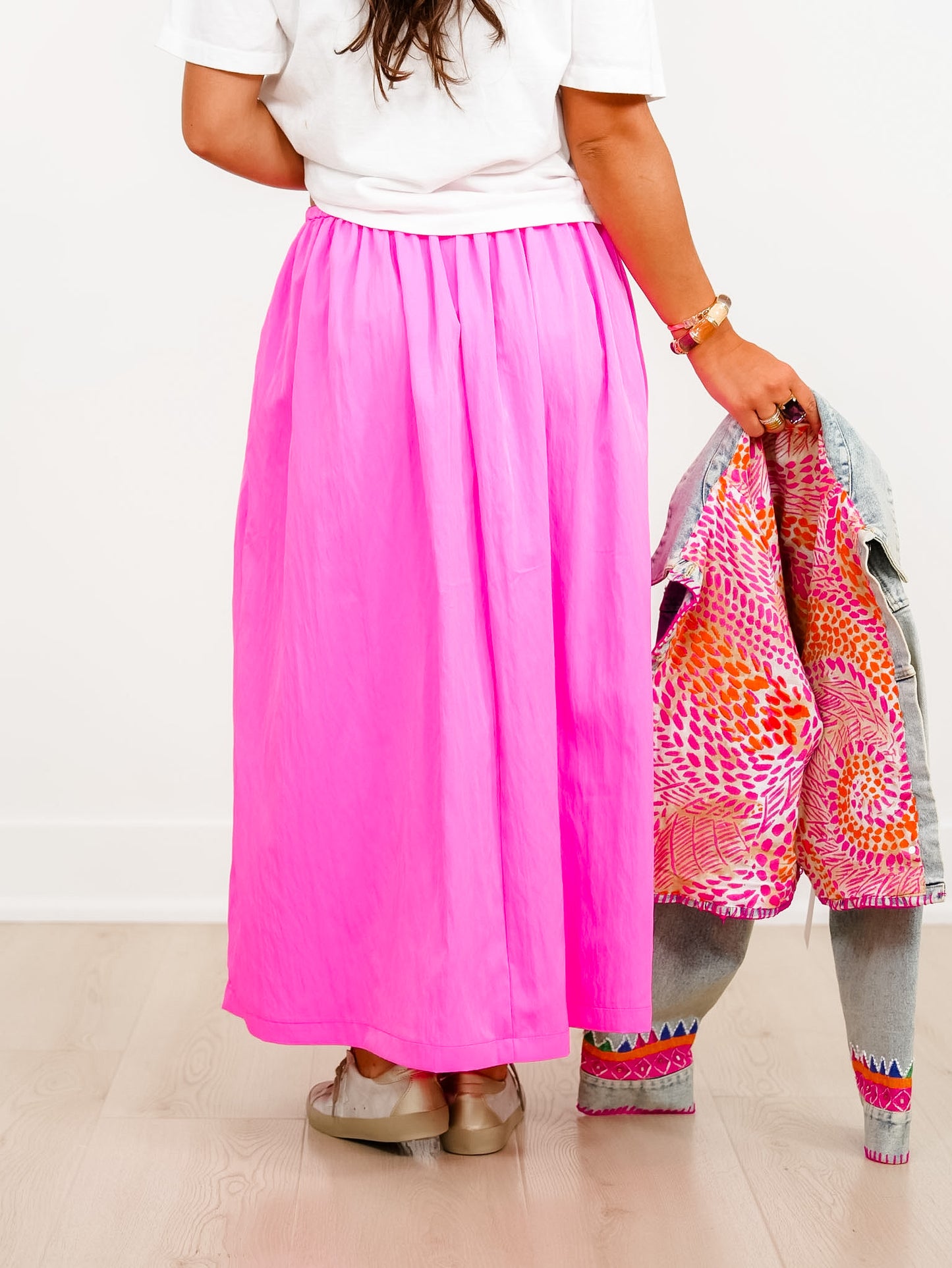 Pink Elastic Waist Midi Skirt with Side Pockets