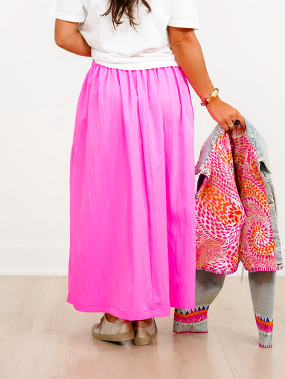 Pink Elastic Waist Midi Skirt with Side Pockets