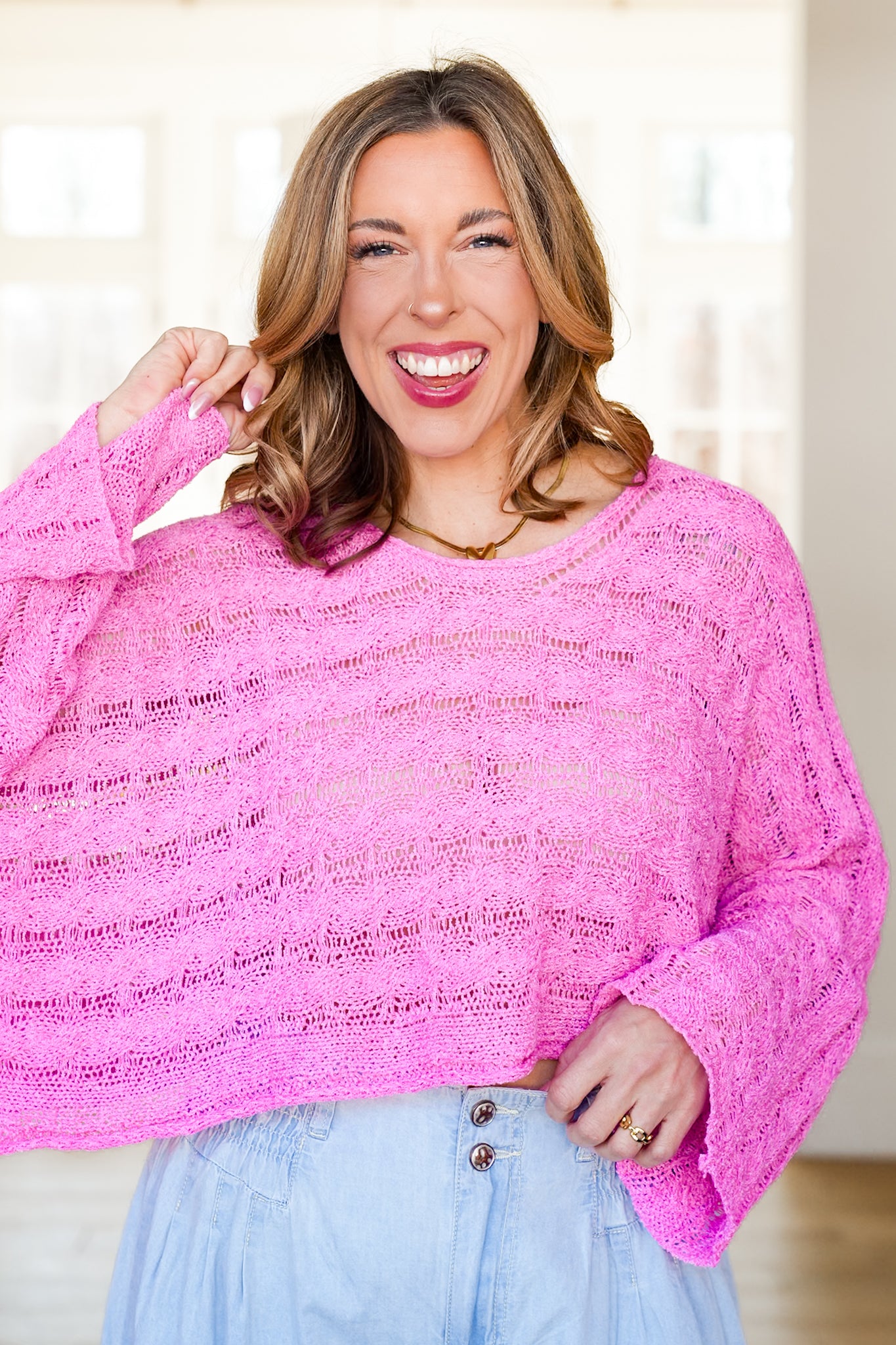 POL Cable Knit Long Sleeve Round Neck Cropped Sweater