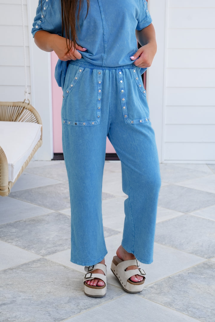 Mineral Wash Elastic Waist Pants with Stud Detail