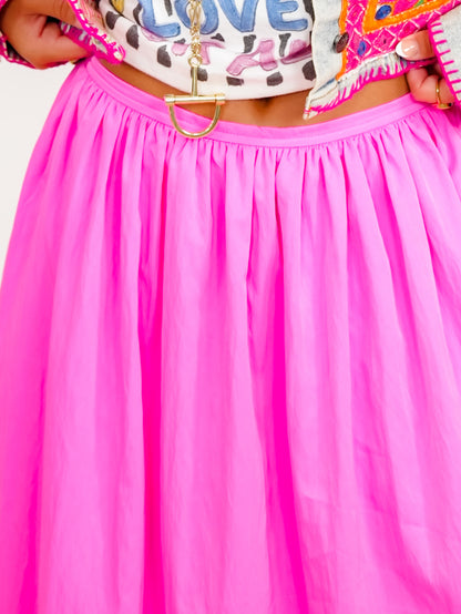 Pink Elastic Waist Midi Skirt with Side Pockets