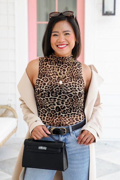 Leopard Mesh Sleeveless Mock Neck Top
