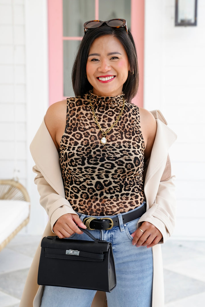 Leopard Mesh Sleeveless Mock Neck Top