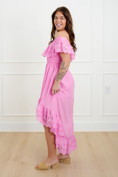 Off Shoulder High Low Dress with Eyelet Ruffle
