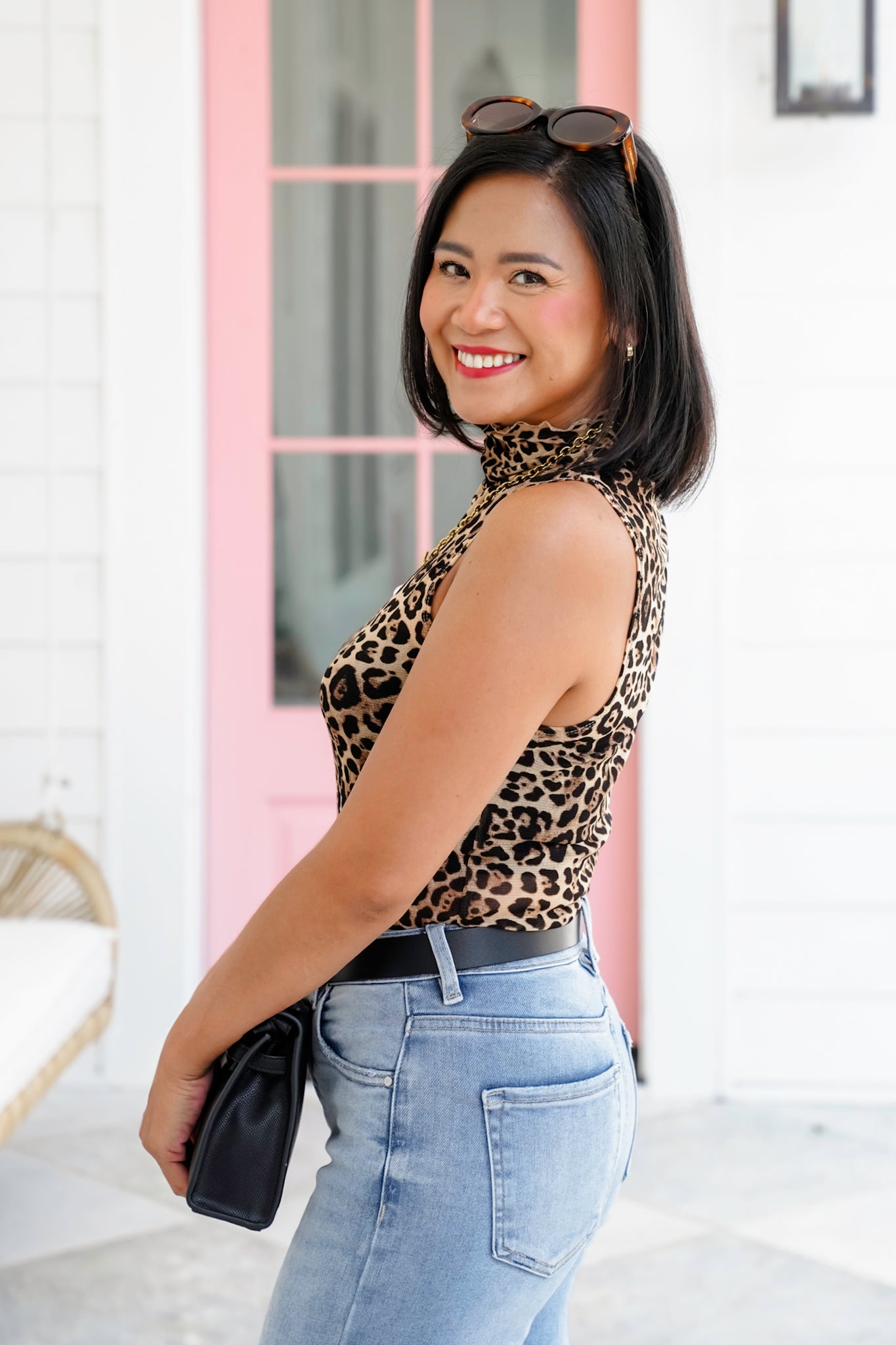 Leopard Mesh Sleeveless Mock Neck Top
