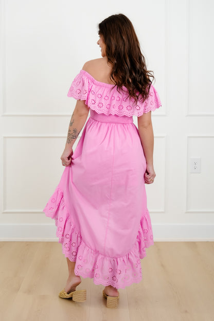 Off Shoulder High Low Dress with Eyelet Ruffle