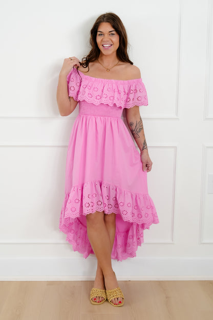 Off Shoulder High Low Dress with Eyelet Ruffle