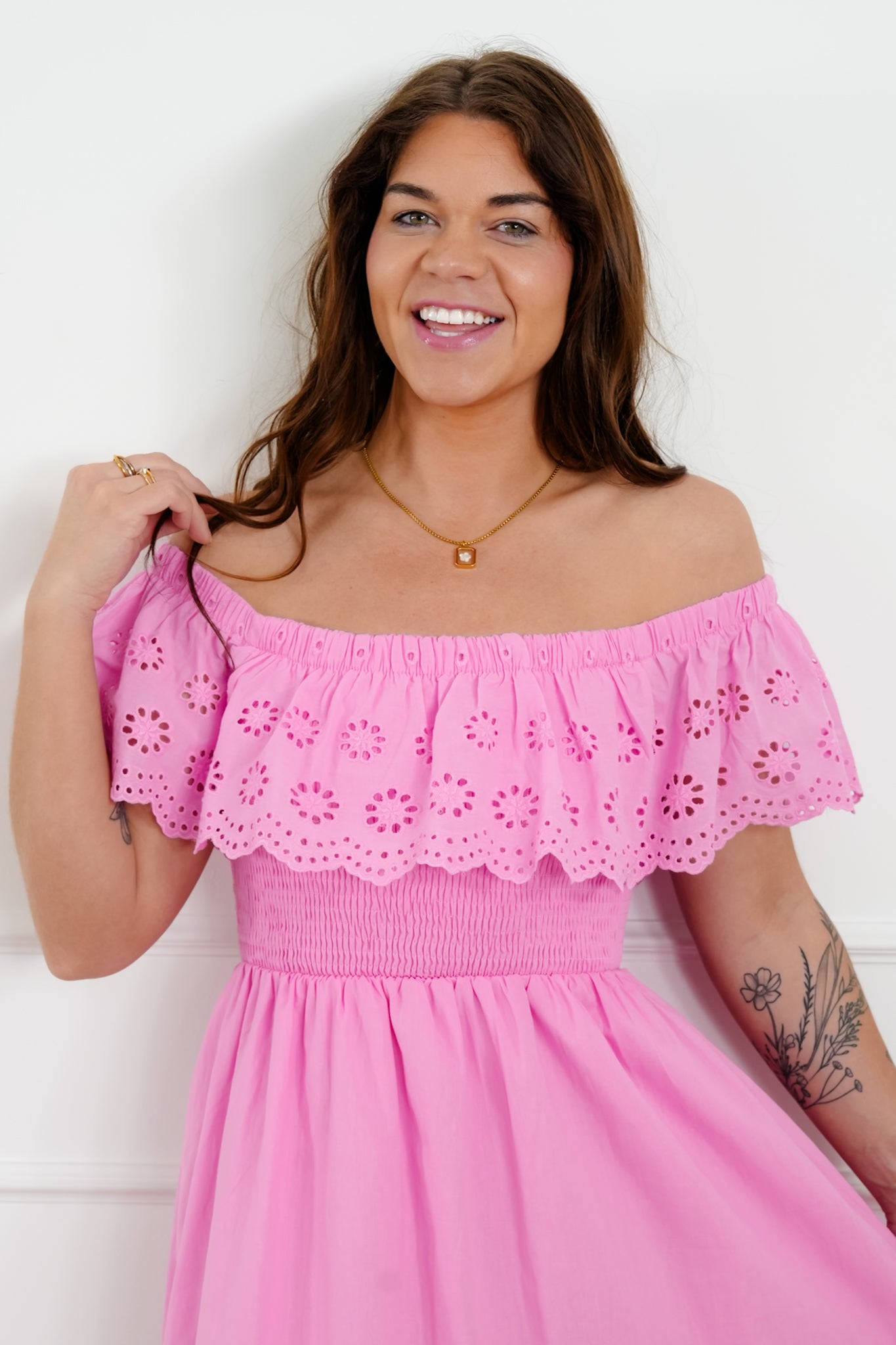 Off Shoulder High Low Dress with Eyelet Ruffle