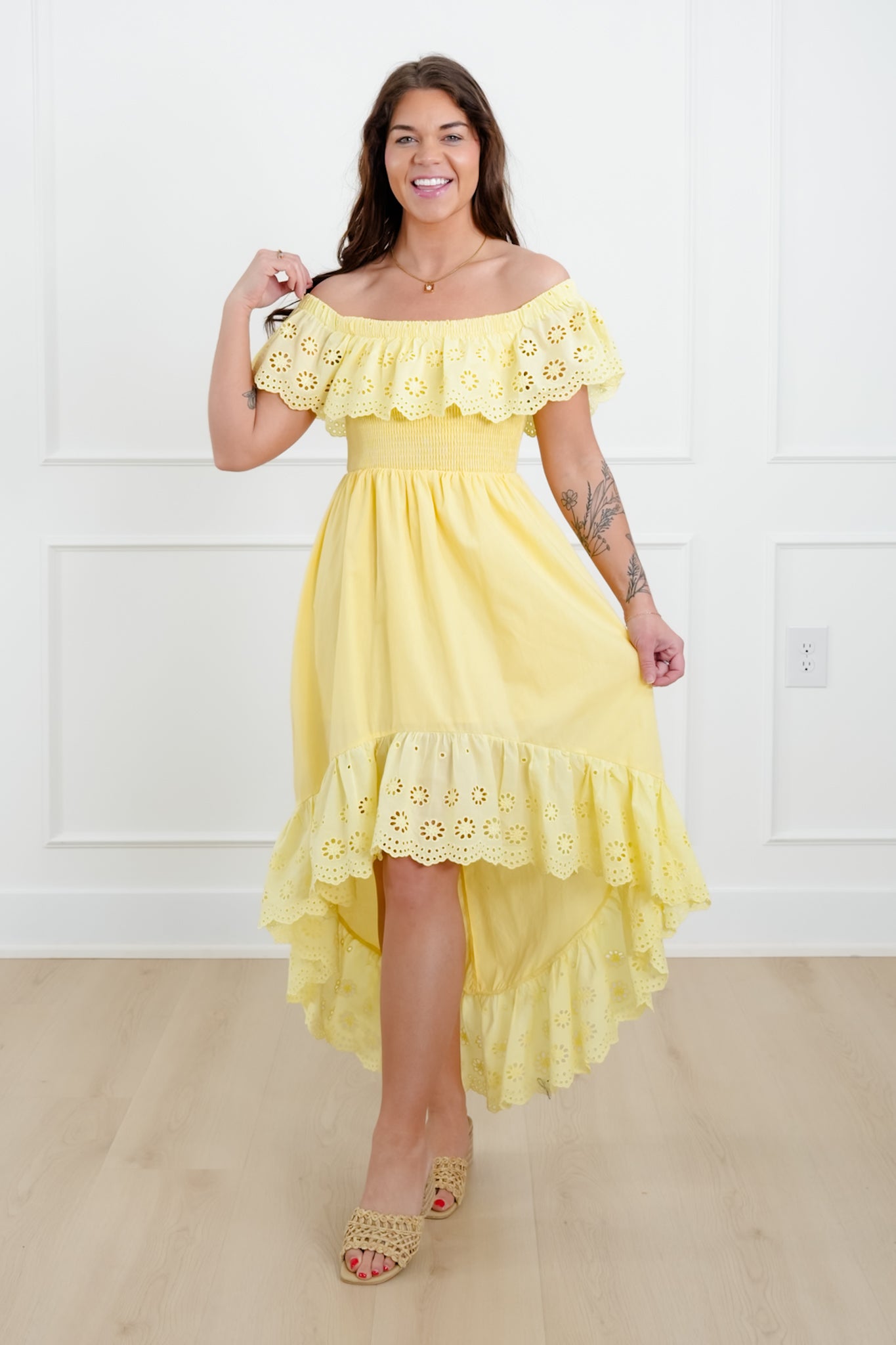 Off Shoulder High Low Dress with Eyelet Ruffle