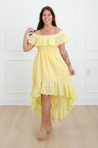 Off Shoulder High Low Dress with Eyelet Ruffle
