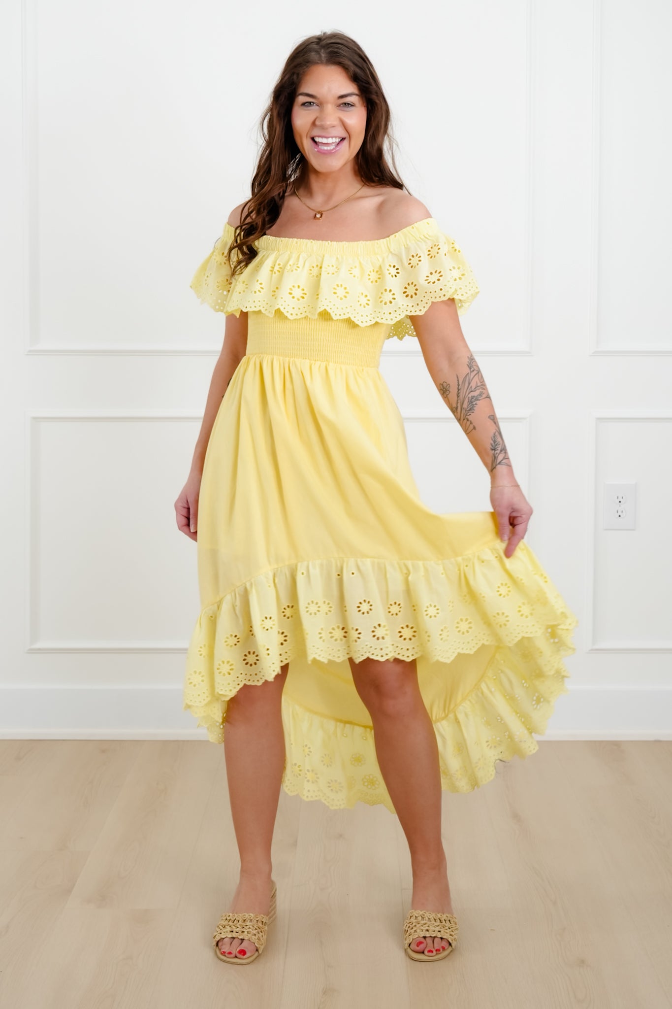 Off Shoulder High Low Dress with Eyelet Ruffle