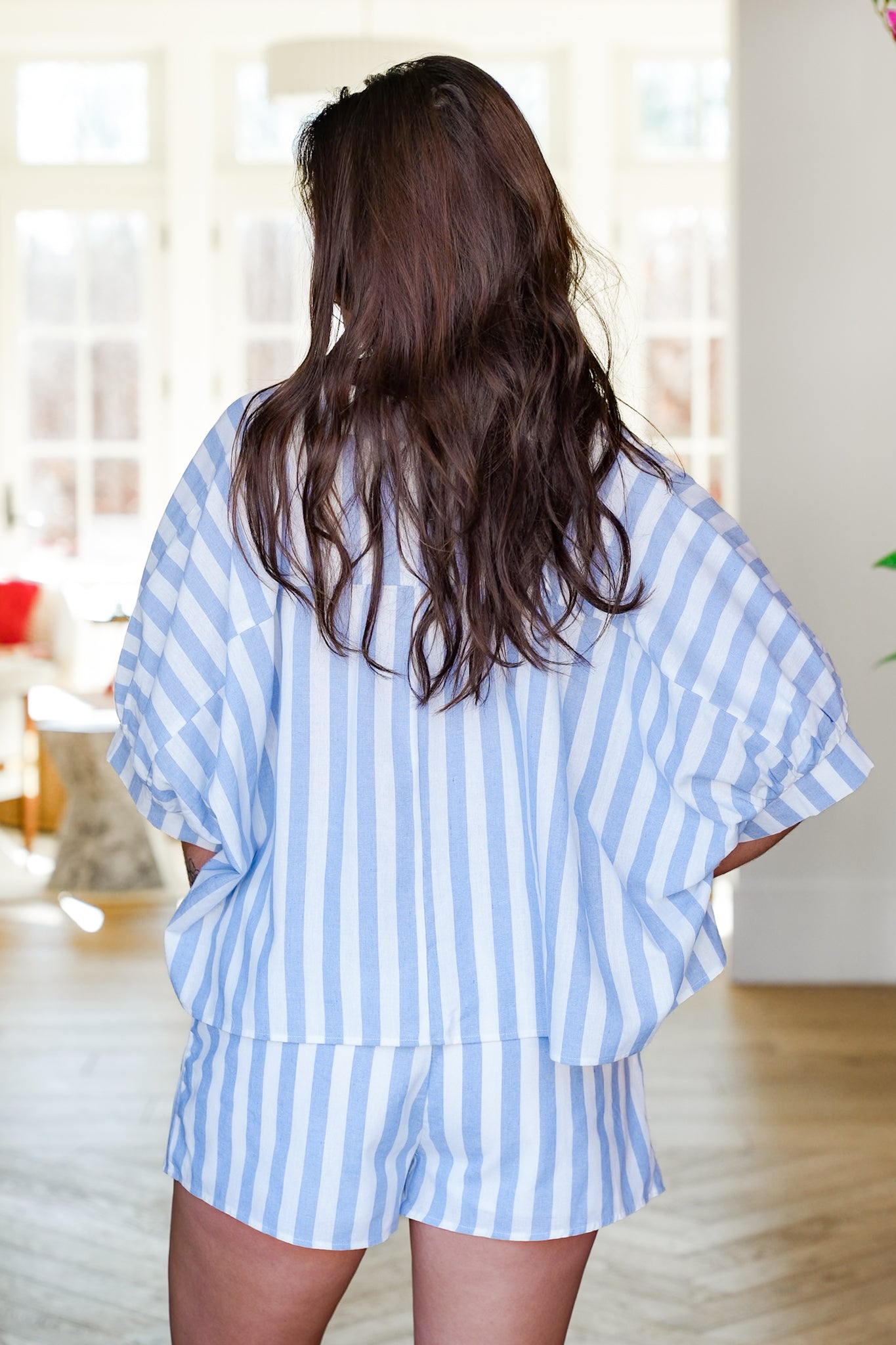 Striped Short Sleeve Button Up Top with Shorts Set