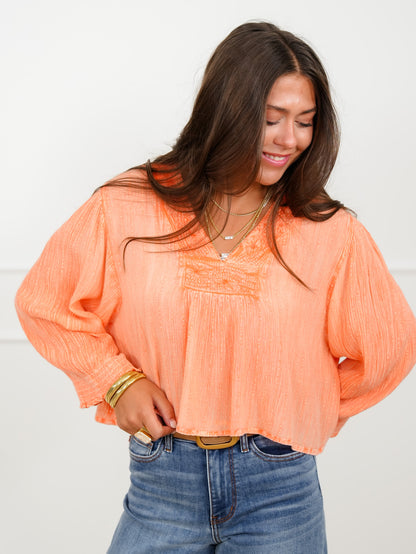 POL Textured Long Sleeve V Neck Crop Top