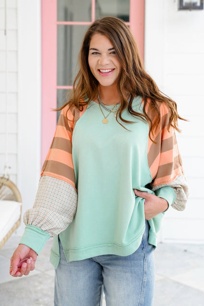 Solid Long Sleeve Round Neck Top with Stripe Detail