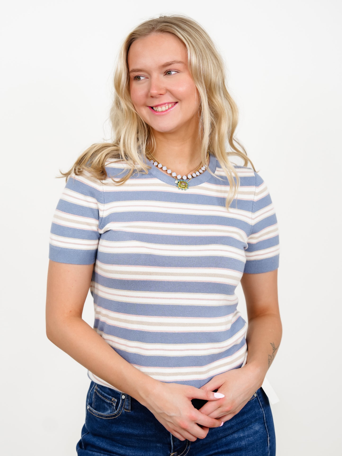 Striped Short Sleeve Round Neck Sweater Top - Freckled Poppy