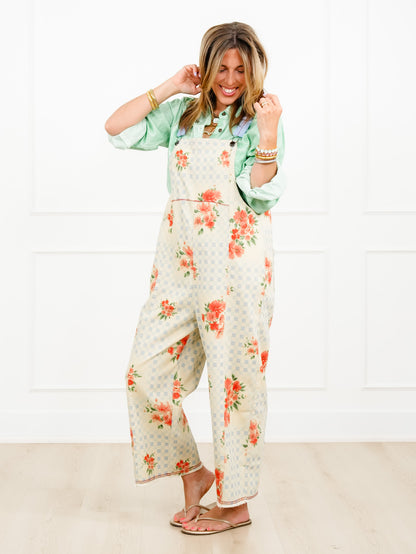 Checkered and Floral Print Wide Leg Overalls