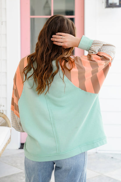 Solid Long Sleeve Round Neck Top with Stripe Detail