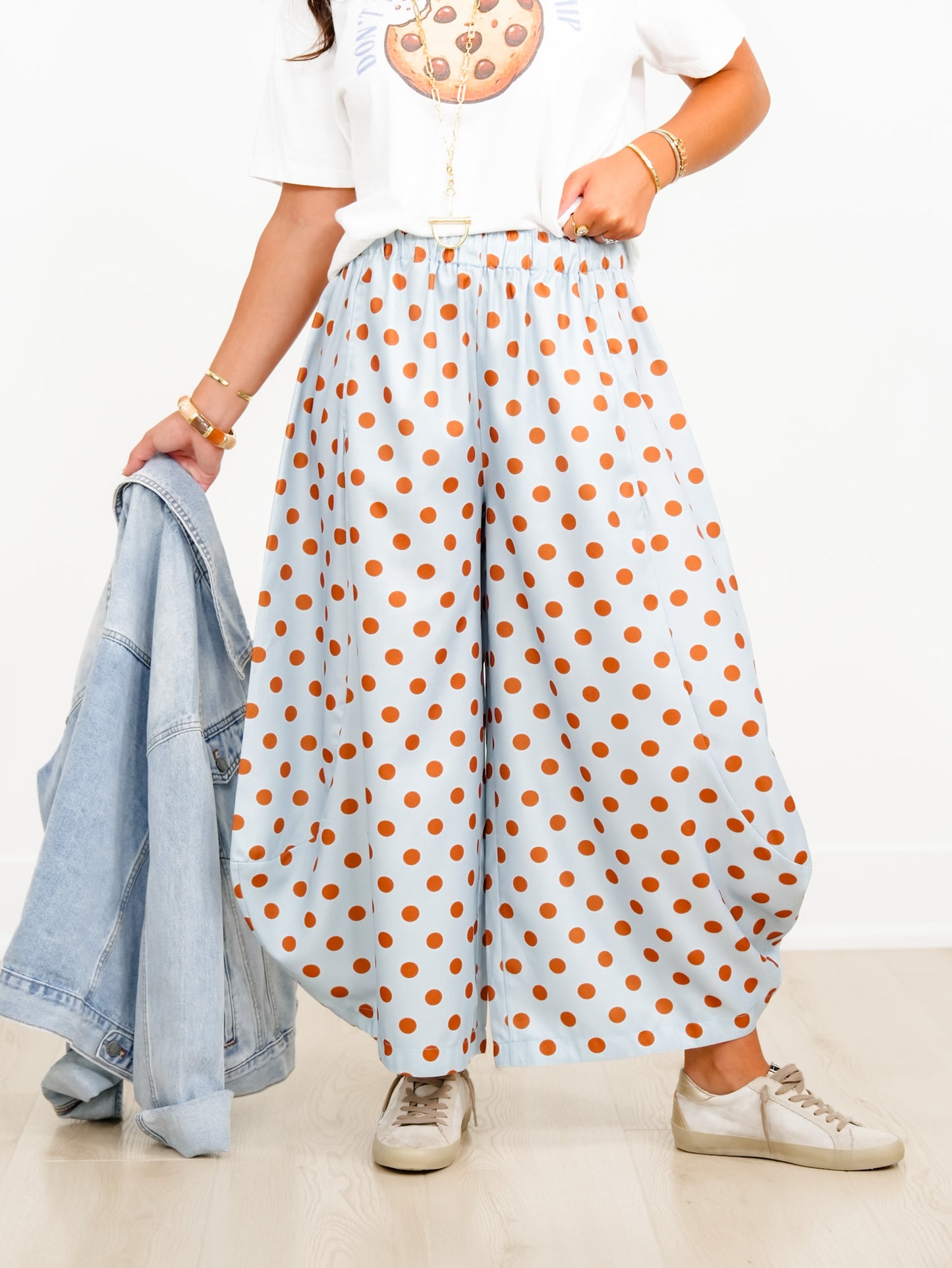 Polka Dot Elastic Waist Wide Leg Cropped Pants