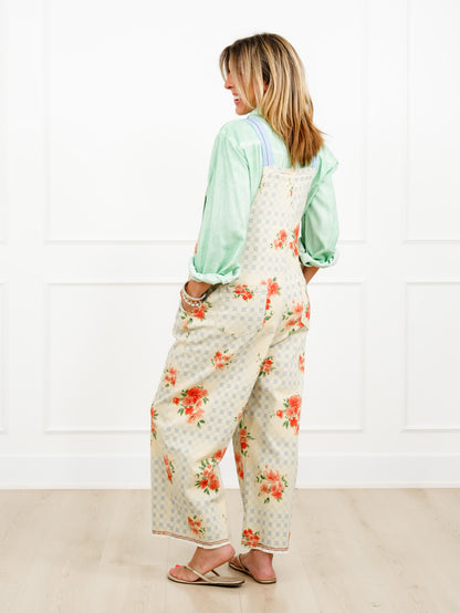 Checkered and Floral Print Wide Leg Overalls