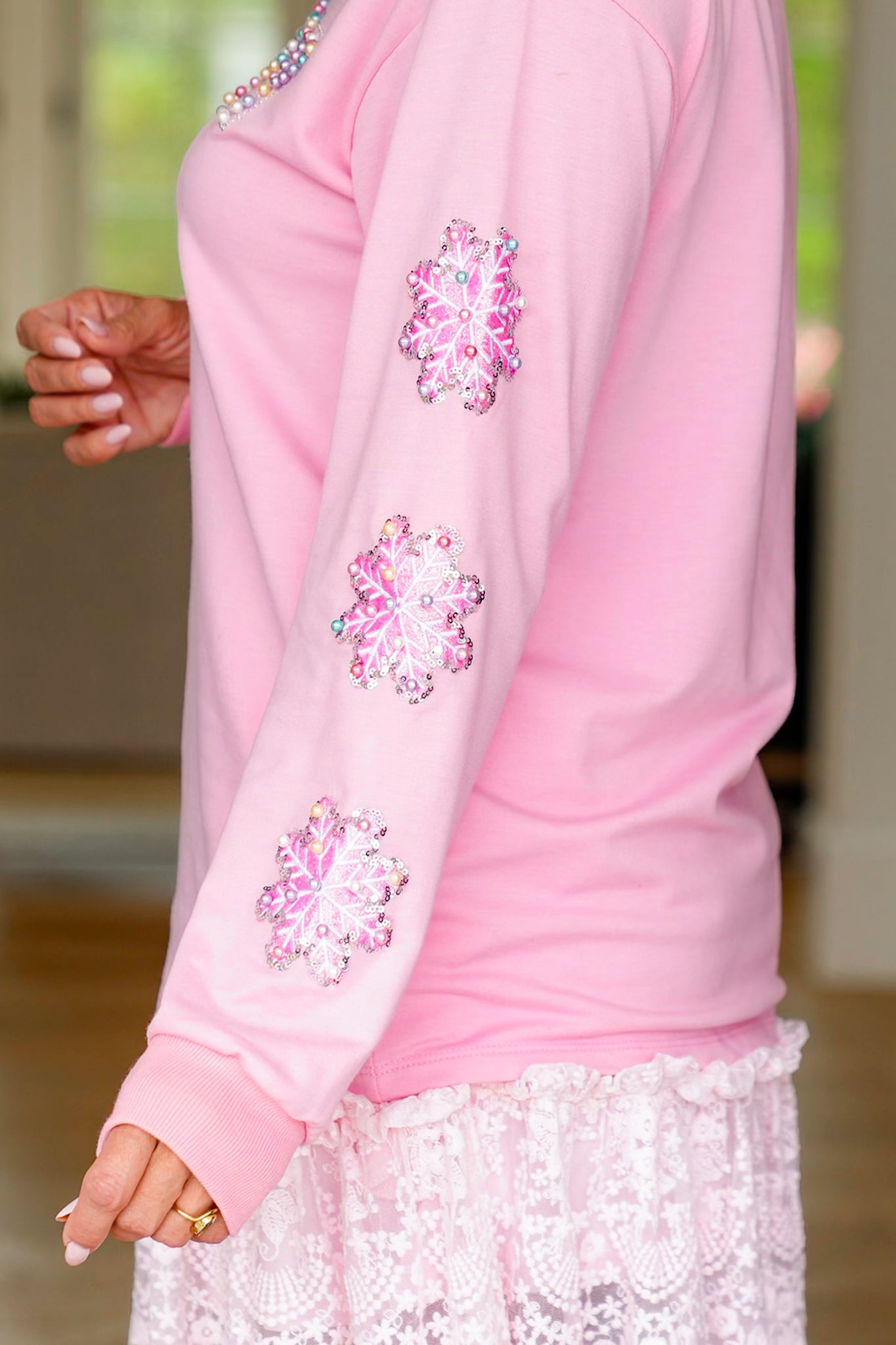 Plus/Reg Pearl and Rhinestone "Merry" Long Sleeve Sweatshirt