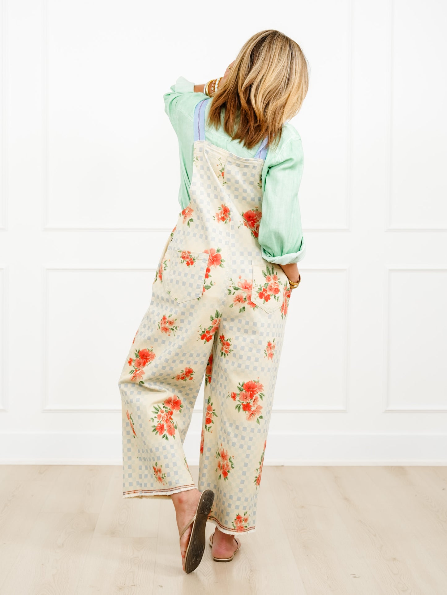 Checkered and Floral Print Wide Leg Overalls