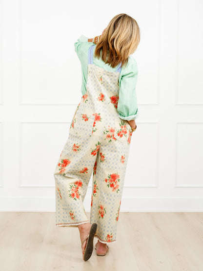 Checkered and Floral Print Wide Leg Overalls