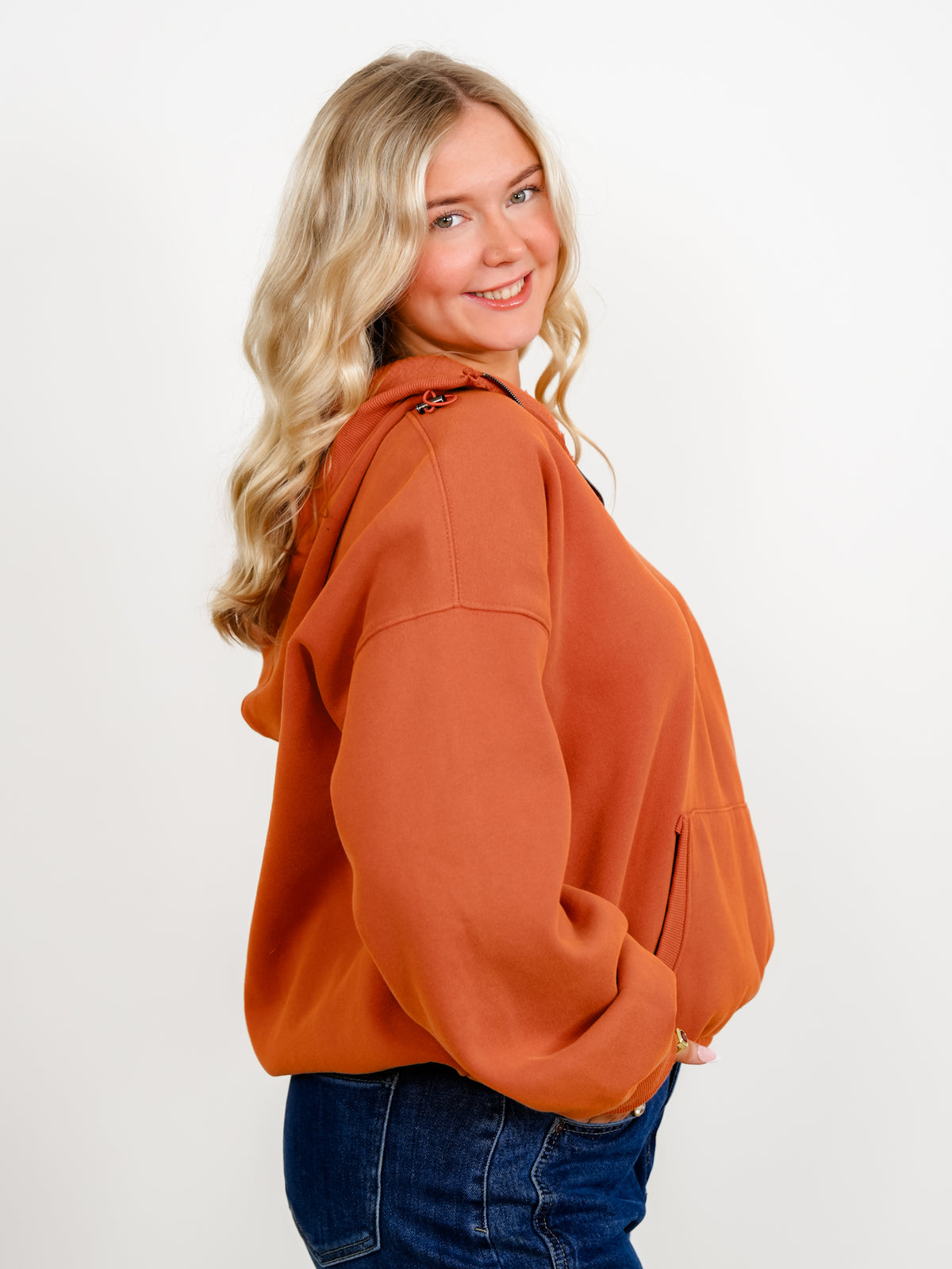 Long Sleeve Stitch Detail Elastic Hem Half Zip Up Fleece Hoodie - Freckled Poppy