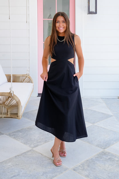 Linen Blend Sleeveless Midi Dress with Cut Out Detail