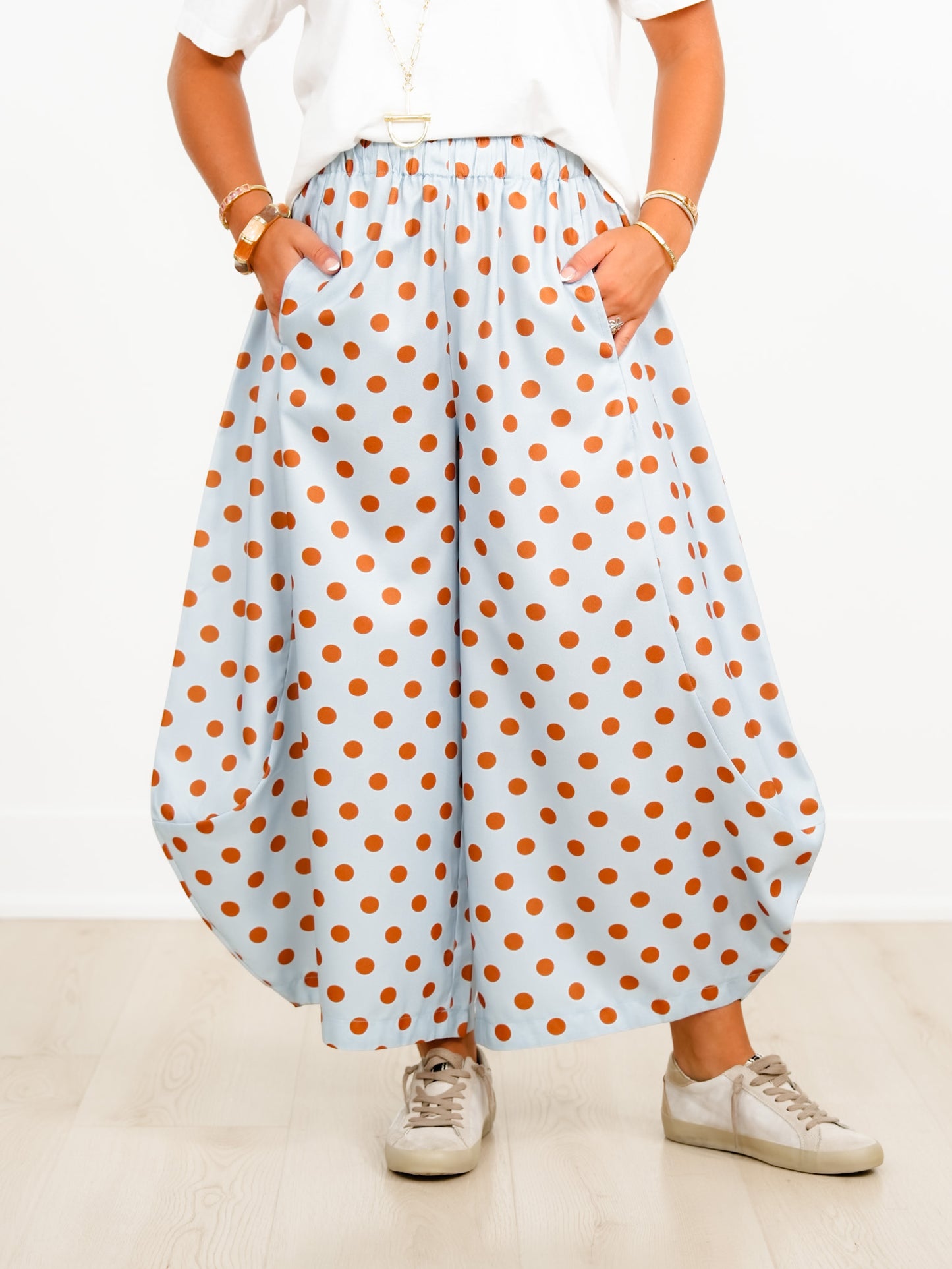 Polka Dot Elastic Waist Wide Leg Cropped Pants