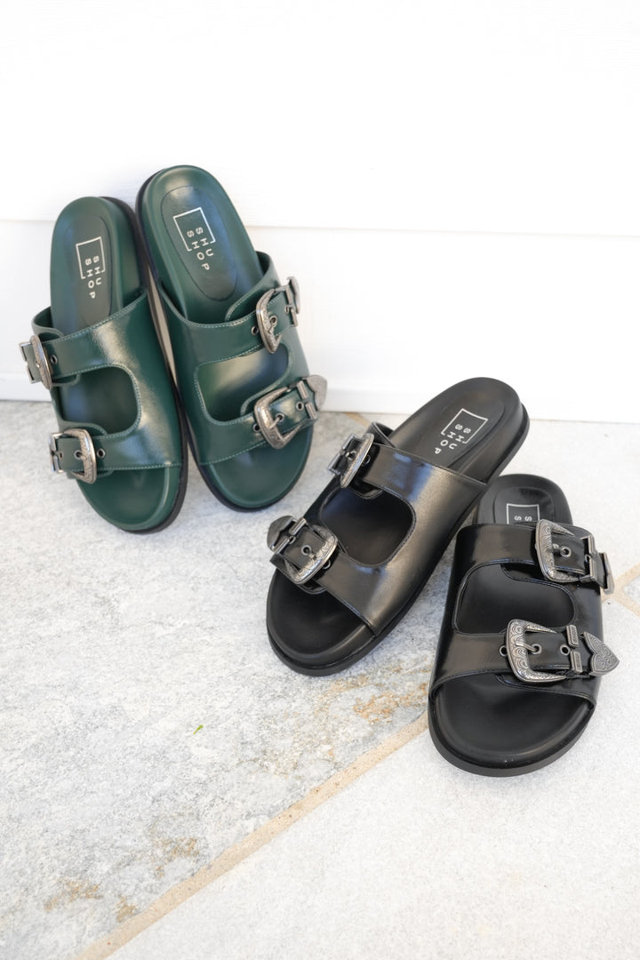 Western Buckle Double Strap Slide Sandal