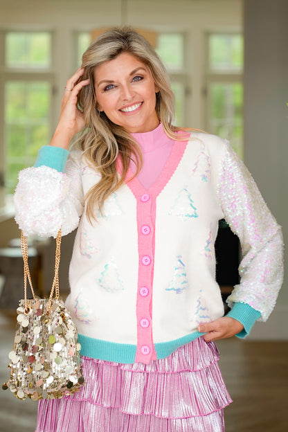 Plus/Reg Glitter Trees Long Sequin Sleeve Button Down Cardigan