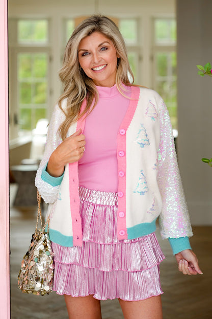 Plus/Reg Glitter Trees Long Sequin Sleeve Button Down Cardigan