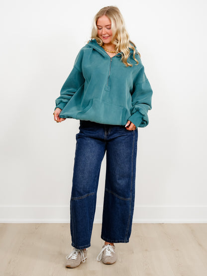Long Sleeve Stitch Detail Elastic Hem Half Zip Up Fleece Hoodie - Freckled Poppy