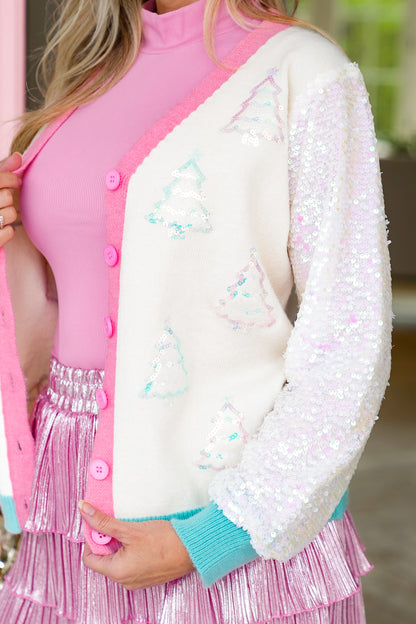 Plus/Reg Glitter Trees Long Sequin Sleeve Button Down Cardigan