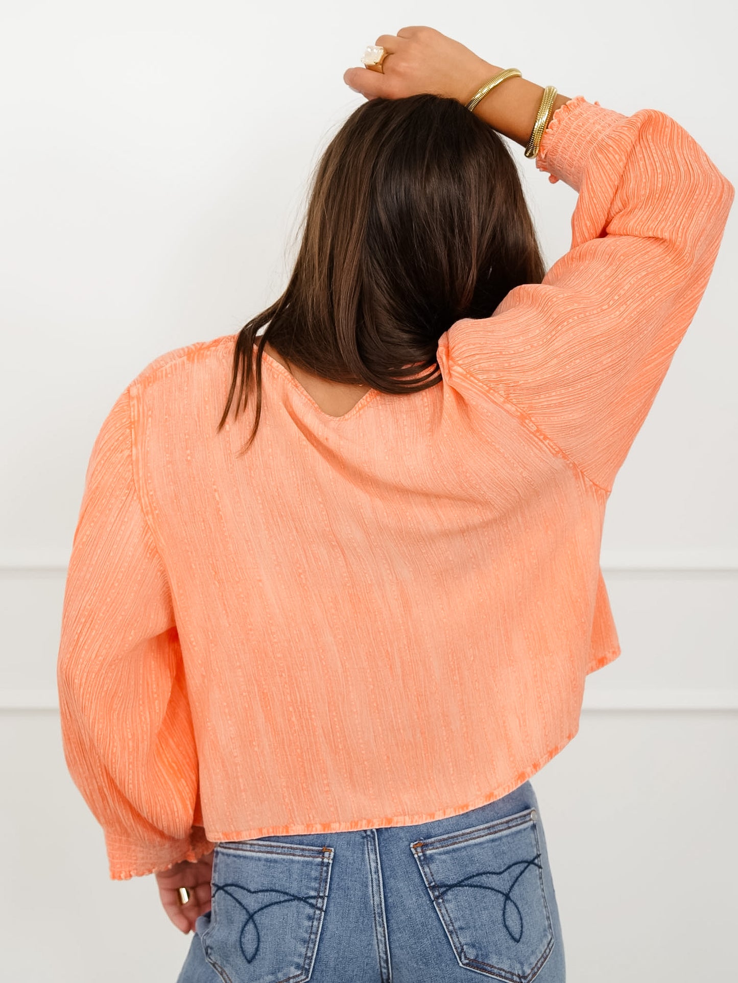 POL Textured Long Sleeve V Neck Crop Top