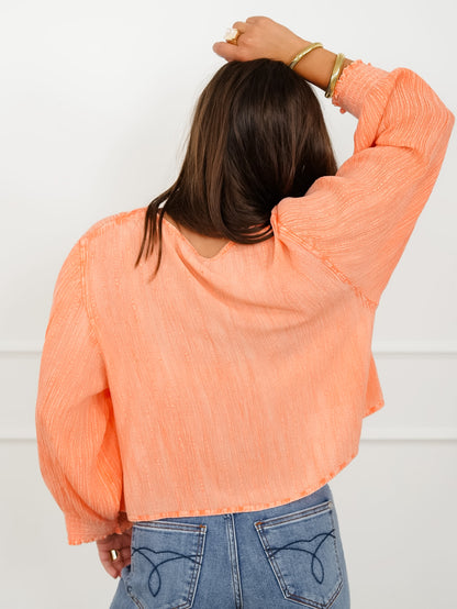 POL Textured Long Sleeve V Neck Crop Top