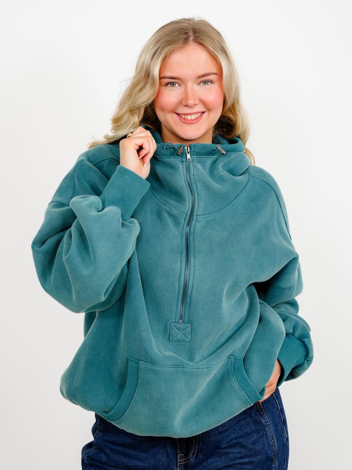 Long Sleeve Stitch Detail Elastic Hem Half Zip Up Fleece Hoodie - Freckled Poppy
