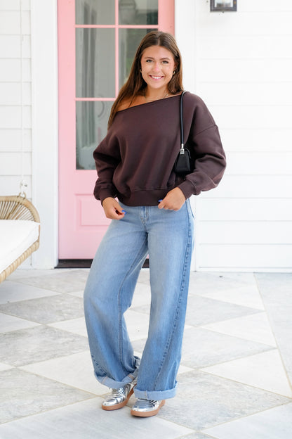 Plus/Reg French Terry Long Sleeve Off Shoulder Top